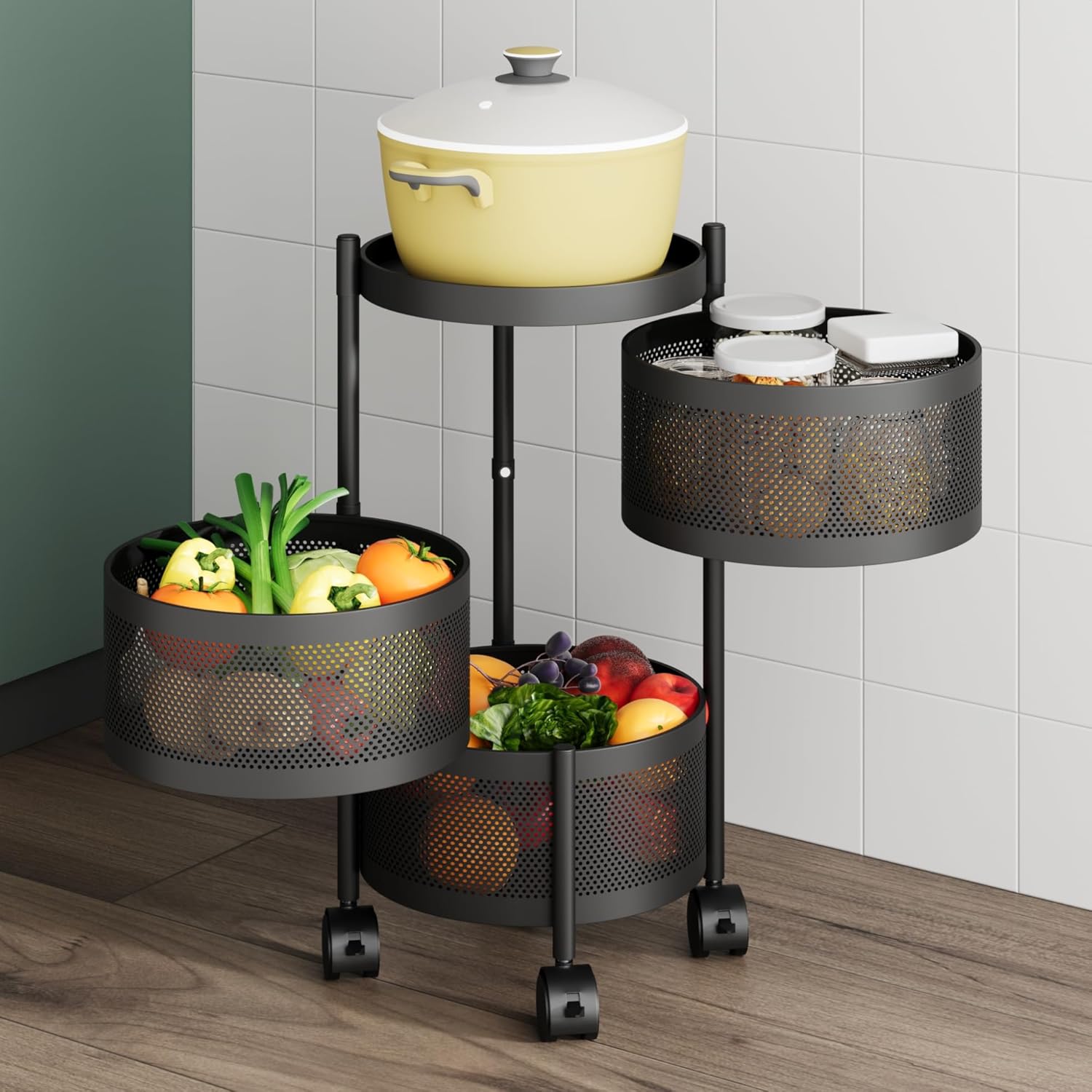 3 Tier Round Multipurpose Rotating Black Trolley