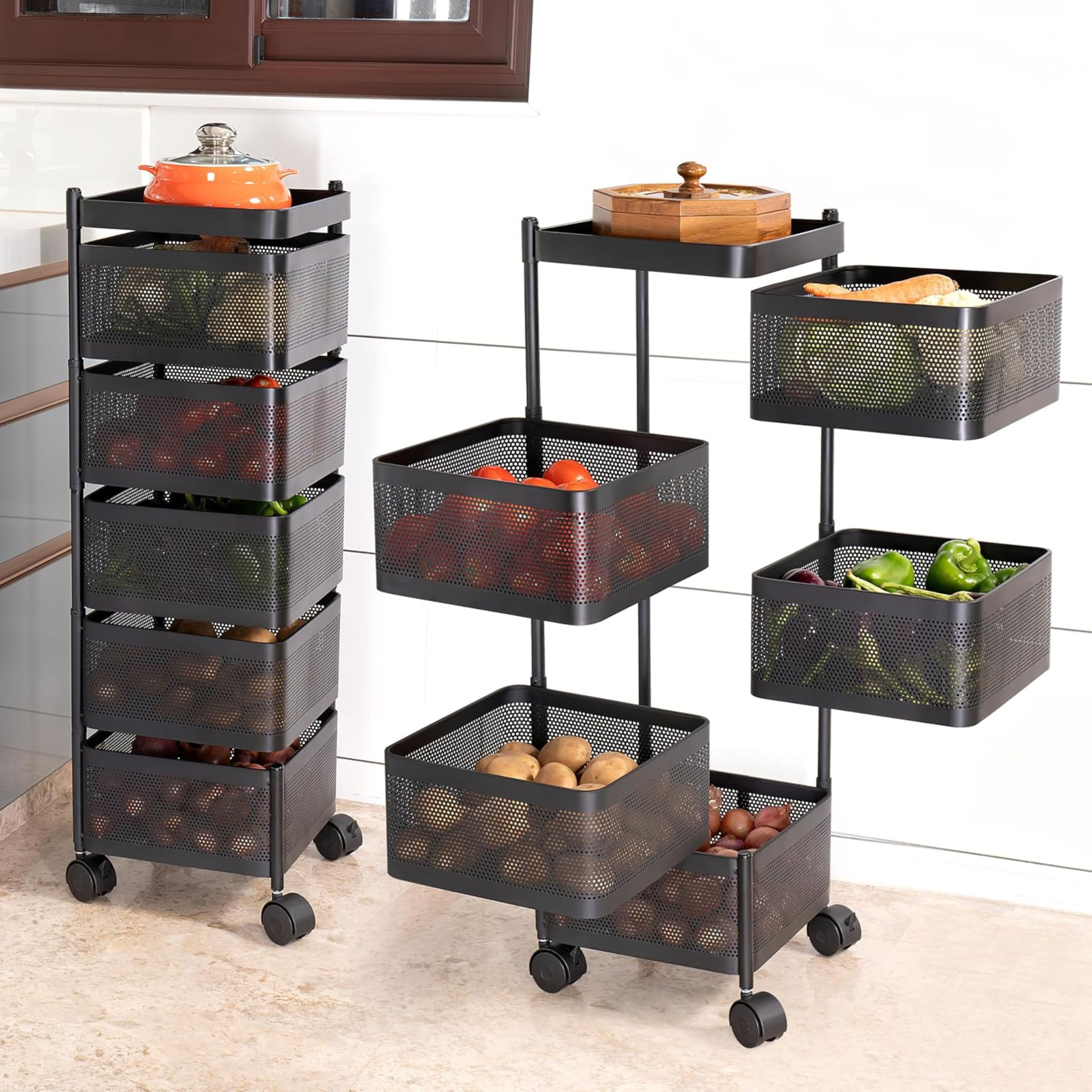 5 Tier Square Multipurpose Black Rotating Trolley