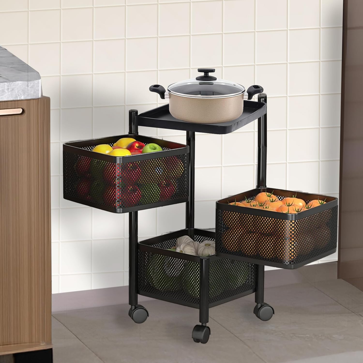 3 Tier Square Multipurpose Black Rotating Trolley
