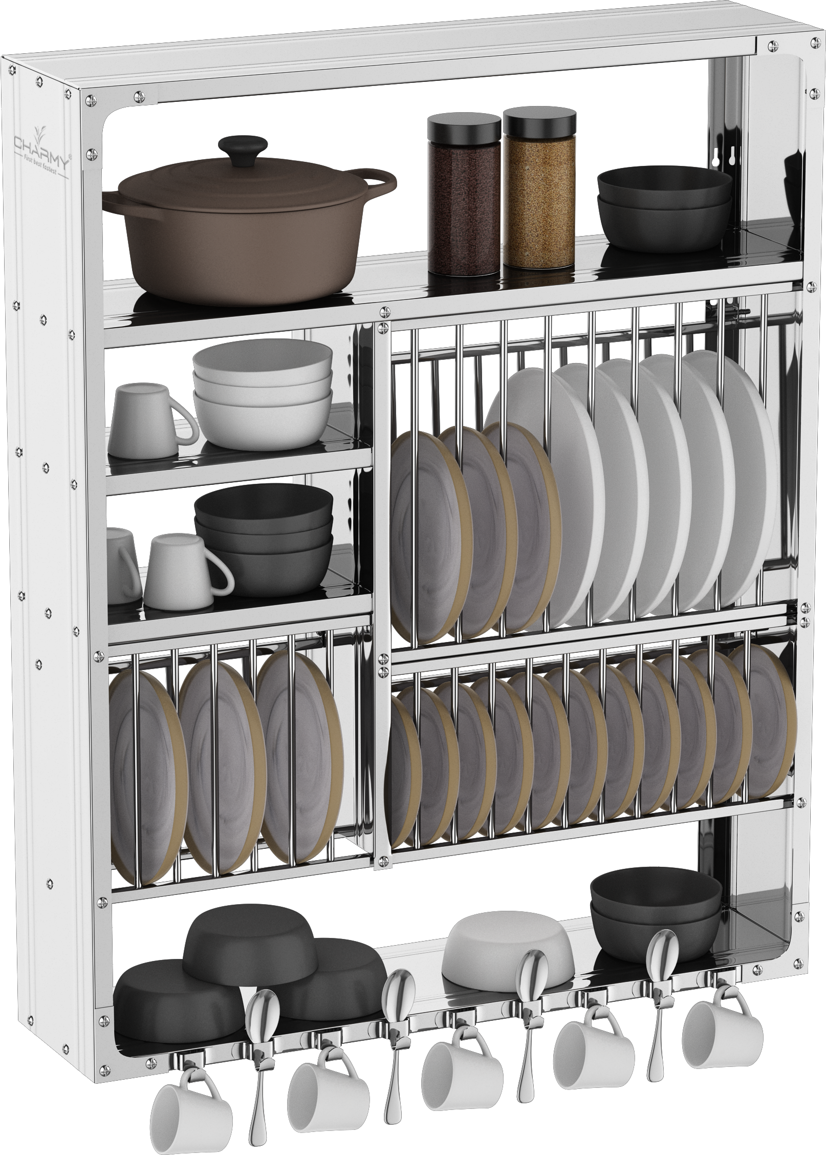 DLX-3830 Stainless Steel Wall-Mounted Dish Rack with Multi-Tier Storage & Cup Hooks