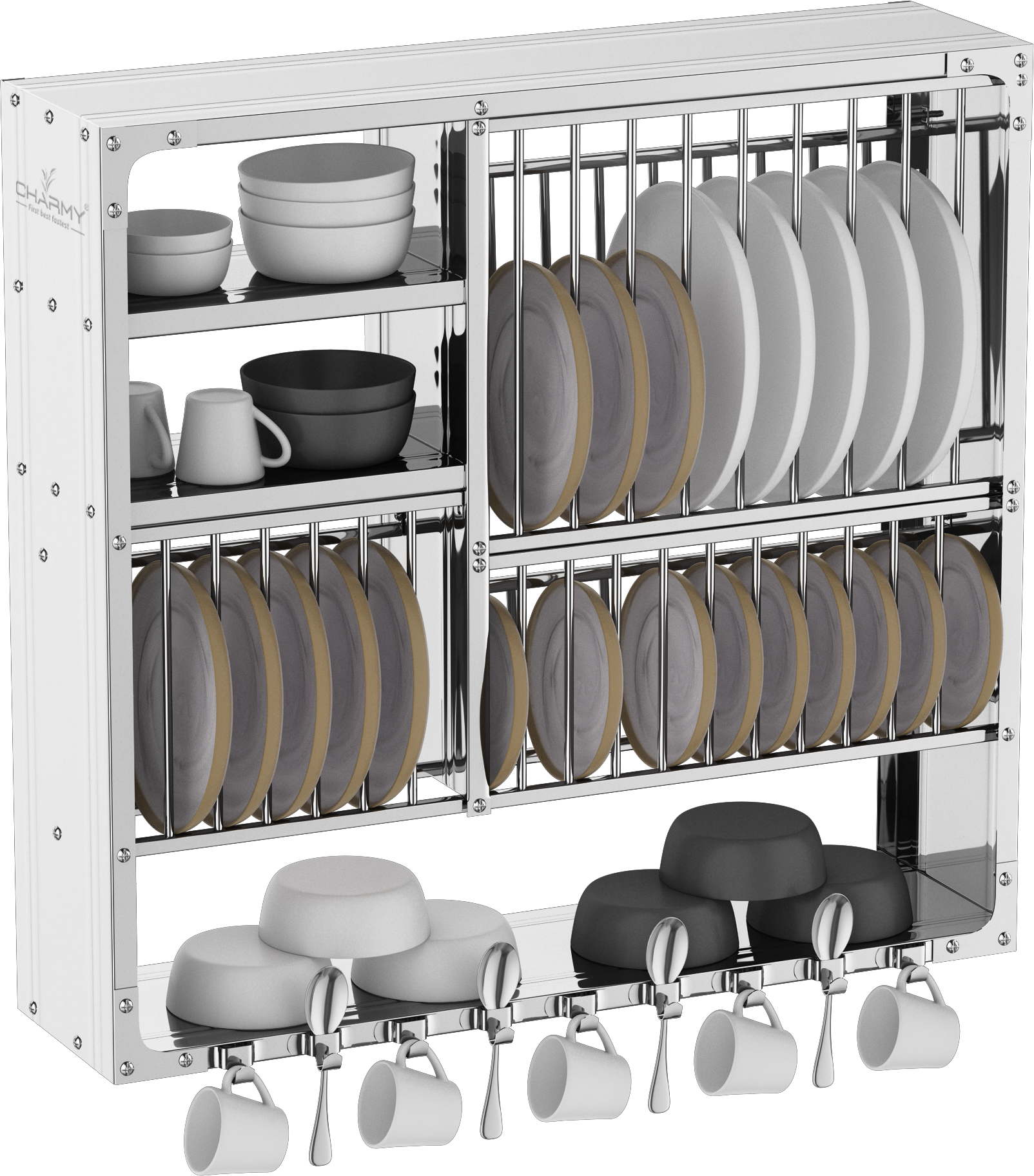 DLX-3030 Stainless Steel Wall-Mounted Dish Rack with Multi-Tier Storage & Cup Hooks