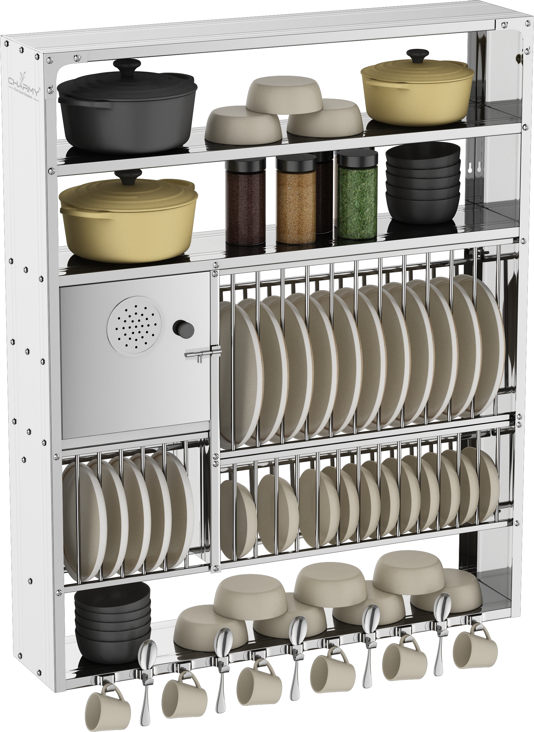 DDLX-4836 Stainless Steel Wall-Mounted Dish Rack with Multi-Tier Storage & Cup Hooks