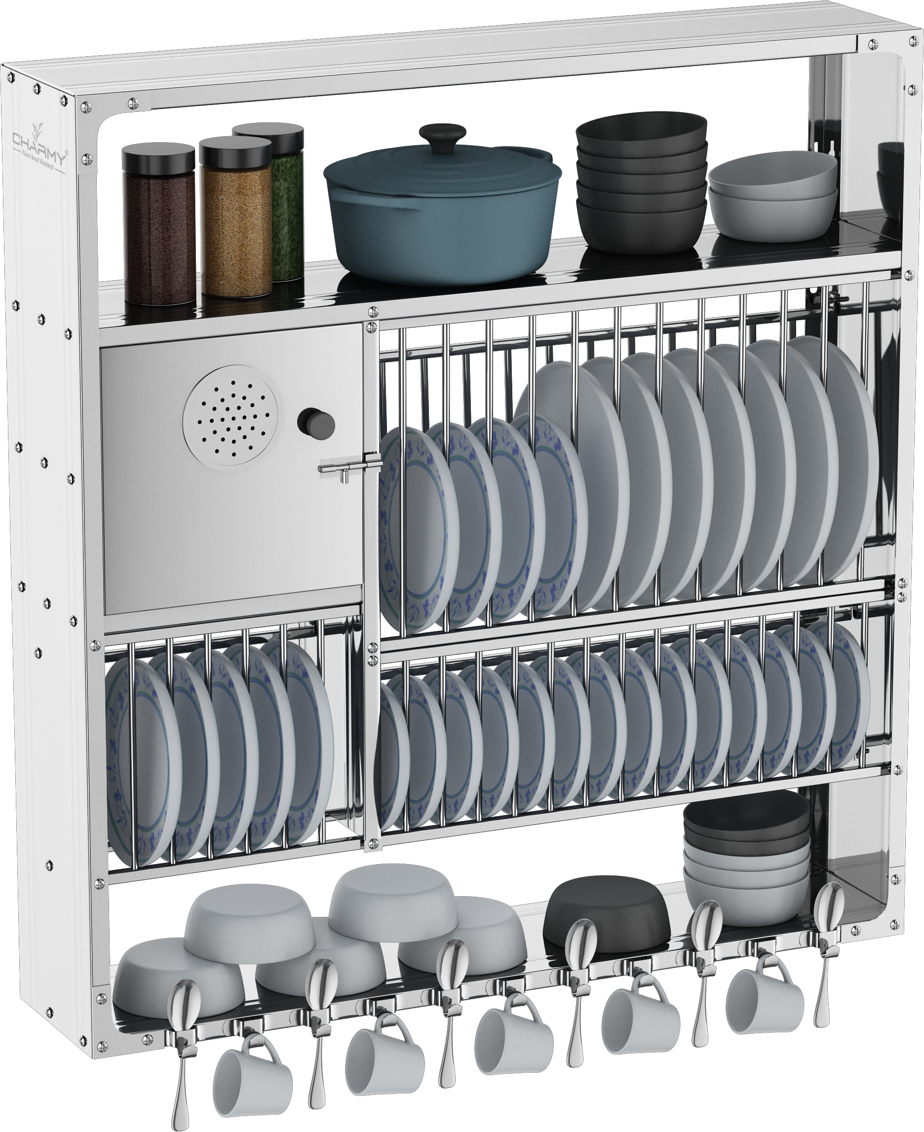 DDLX-3836 Stainless Steel Wall-Mounted Dish Rack with Multi-Tier Storage & Cup Hooks