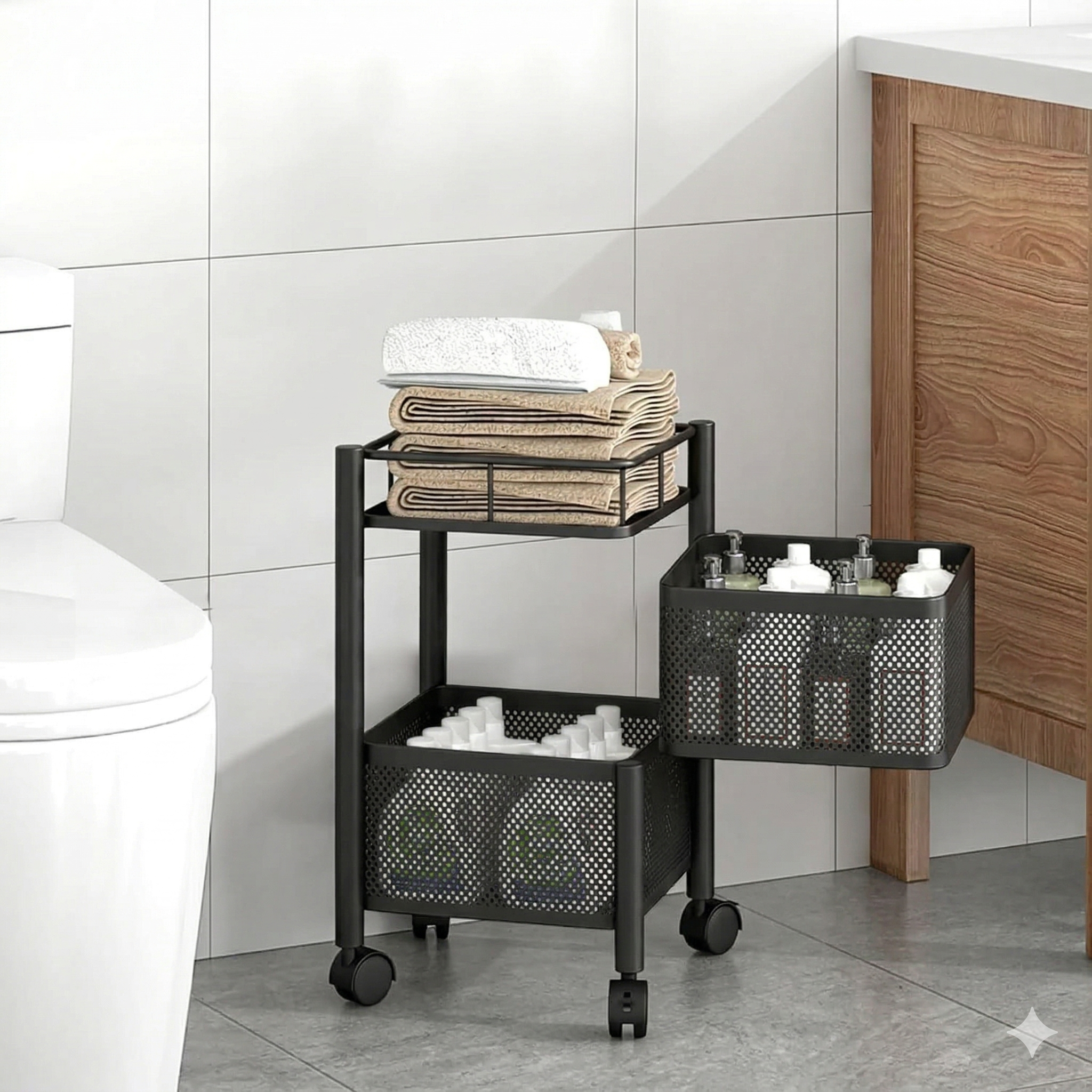 2 Tier Square Multipurpose Black Rotating Trolley