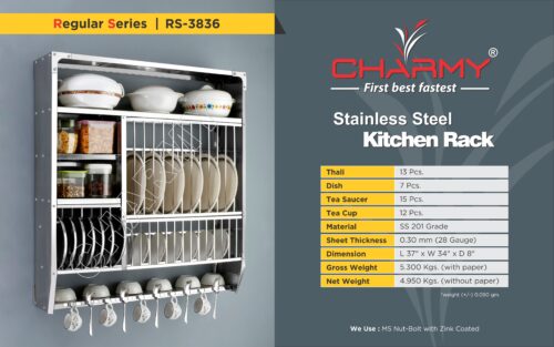 Charmy Wall Mount Kitchen Utensils Dish Rack 38 x 36 - Image 4