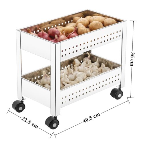 Charmy Stainless Steel 2-Tier Vegetable Storage Trolley 🧅🥔Silver - Image 2
