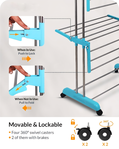Charmy Foldable Cloth Drying Stand with Wheels | Multi-Layer Heavy Duty Clothes Rack for Indoor & Outdoor Use | Adjustable Arms, Shoe Rack & Hangers – Stainless Steel & Plastic - Image 6