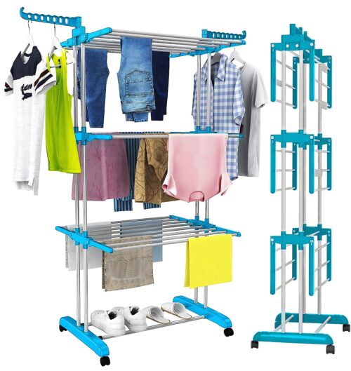 Charmy Foldable Cloth Drying Stand with Wheels | Multi-Layer Heavy Duty Clothes Rack for Indoor & Outdoor Use | Adjustable Arms, Shoe Rack & Hangers – Stainless Steel & Plastic
