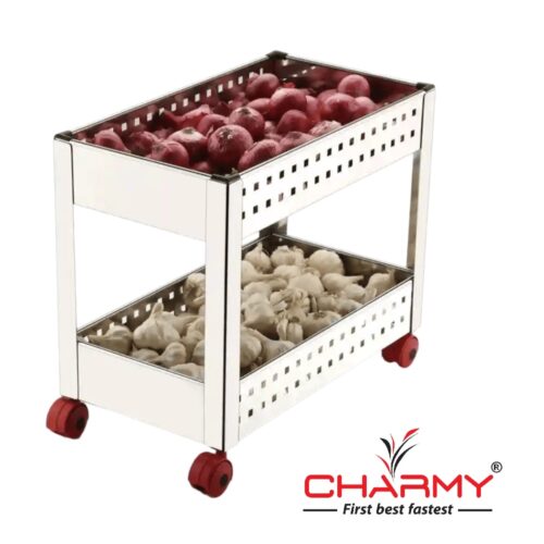 Charmy Stainless Steel 3-Tier Vegetable Trolley with Wheels for Onion, Garlic, and Potato Storage