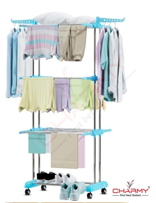 Charmy Foldable Cloth Drying Stand with Wheels | Multi-Layer Heavy Duty Clothes Rack for Indoor & Outdoor Use | Adjustable Arms, Shoe Rack & Hangers – Stainless Steel & Plastic - Image 3