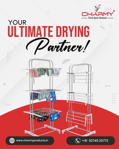 Charmy Foldable Cloth Drying Stand with Wheels | Heavy-Duty Stainless Steel Multi-Layer Laundry Rack | Adjustable Wings, Portable & Rust-Resistant Clothes Dryer - Image 2