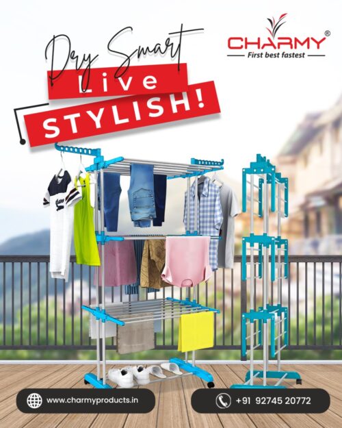 Charmy Foldable Cloth Drying Stand with Wheels | Multi-Layer Heavy Duty Clothes Rack for Indoor & Outdoor Use | Adjustable Arms, Shoe Rack & Hangers – Stainless Steel & Plastic - Image 2