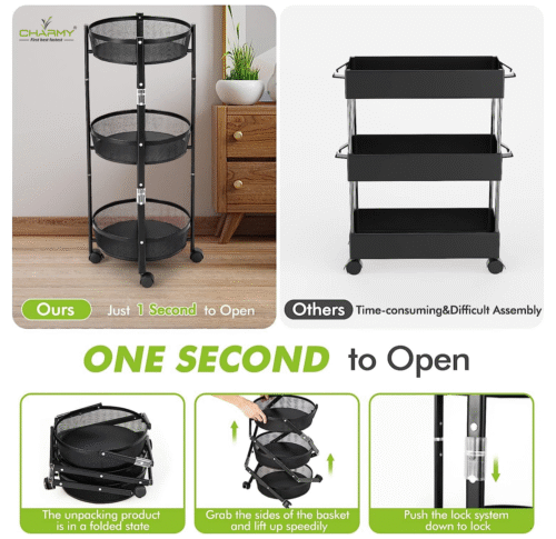 CHARMY® 3-Tier Collapsible Storage Trolley | Heavy-Duty Mesh Basket Organizer | Multipurpose, Foldable & Portable Trolley for Kitchen, Home, Office - Image 4