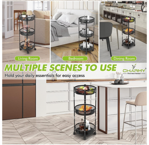 CHARMY® 3-Tier Collapsible Storage Trolley | Heavy-Duty Mesh Basket Organizer | Multipurpose, Foldable & Portable Trolley for Kitchen, Home, Office - Image 5