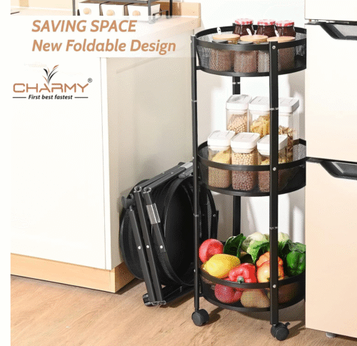 CHARMY® 3-Tier Collapsible Storage Trolley | Heavy-Duty Mesh Basket Organizer | Multipurpose, Foldable & Portable Trolley for Kitchen, Home, Office - Image 6