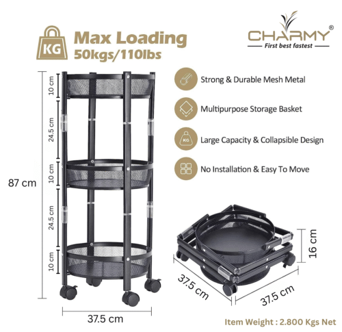 CHARMY® 3-Tier Collapsible Storage Trolley | Heavy-Duty Mesh Basket Organizer | Multipurpose, Foldable & Portable Trolley for Kitchen, Home, Office - Image 3
