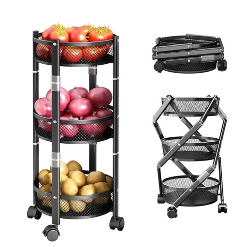 CHARMY® 3-Tier Collapsible Storage Trolley | Heavy-Duty Mesh Basket Organizer | Multipurpose, Foldable & Portable Trolley for Kitchen, Home, Office