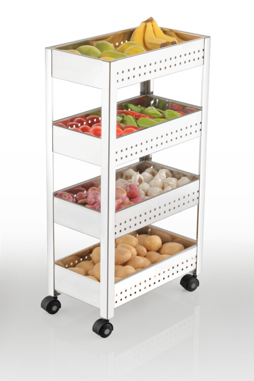 Charmy Stainless Steel Vegetable & Fruit Storage Trolley with 4 Shelves | Multipurpose Kitchen Organizer Rack with Wheels | Durable & Rust-Resistant Basket Stand